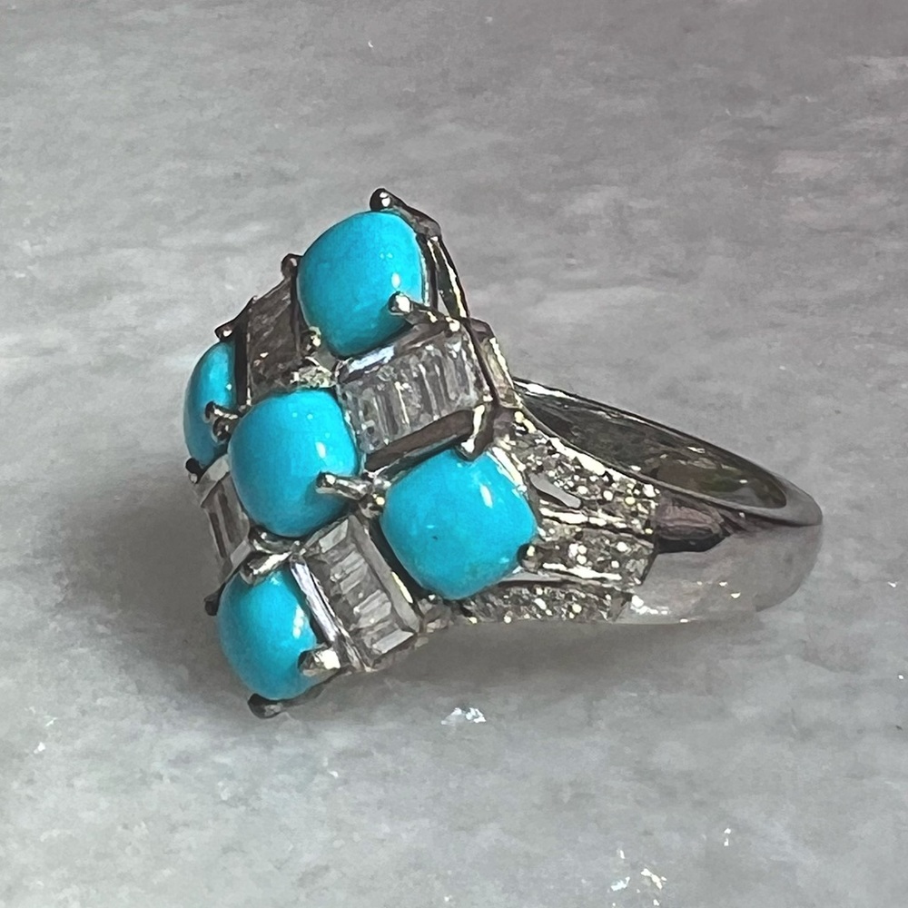 Arizona Sleeping Beauty Turquoise and Zircon Checkered Sterling Silver R… - Picture 5 of 14